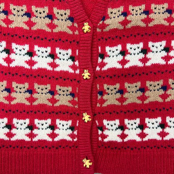 Vintage Teddy Bear Christmas Grannycore Knit Sweater Vest L 80s Cottage Preppy - Picture 3 of 7